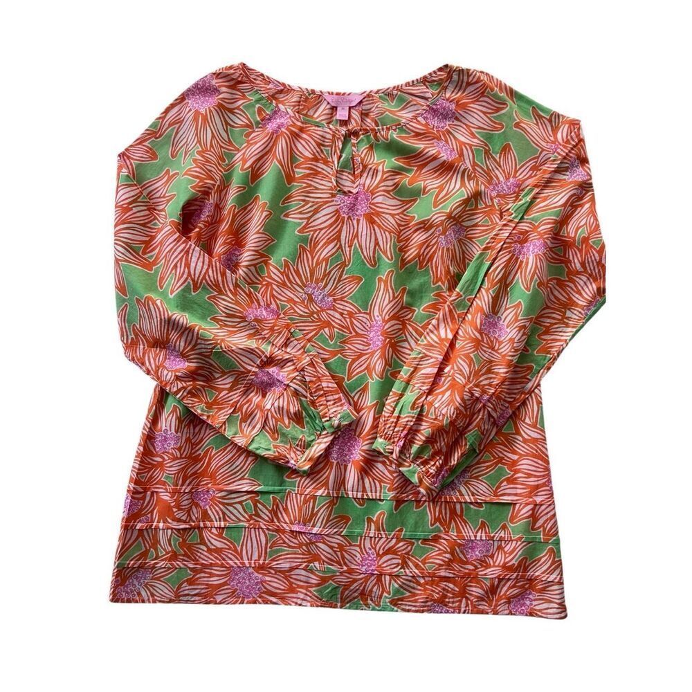 Lilly Pulitzer Floral Long Sleeve Top Pink Orange Green Coastal Resort Blouse M